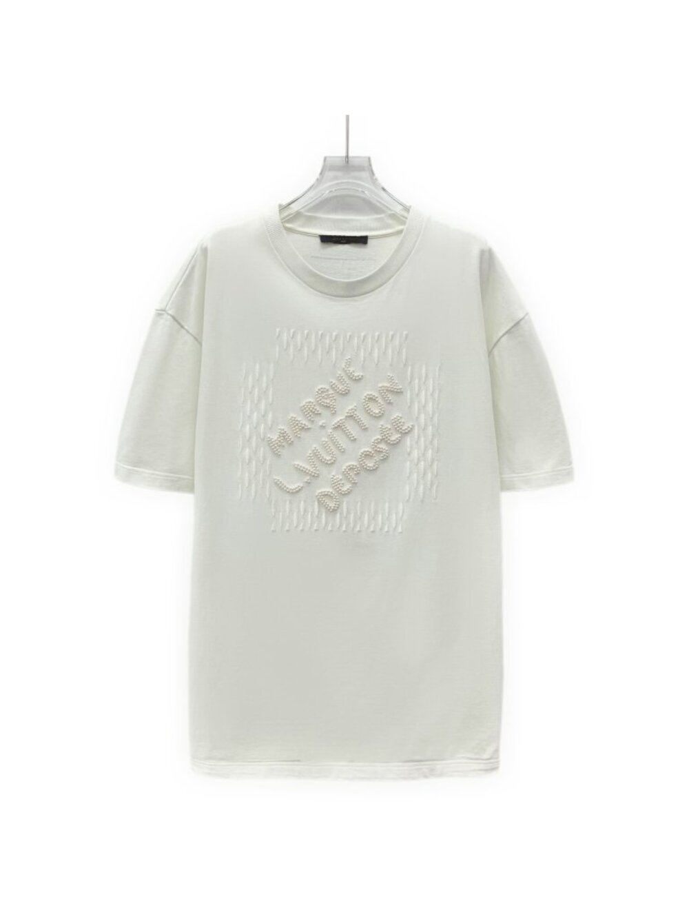 Louis Vuitton Letter Pearl-Embellished Crew Neck Short-Sleeve T-Shirt
